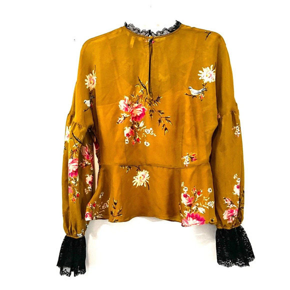 Joie Women's Silk Floral Gold Long Sleeve Peplum Blouse W/ Camisole Sz Small - Picture 10 of 11
